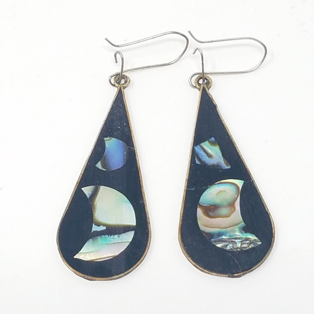 Vtg Alpaca silver‎ Mexico earrings Abalone onyx